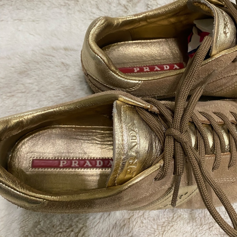 Authentic Vintage Prada Suede and Gold Metallic Sneakers 🔥🔥🔥🔥